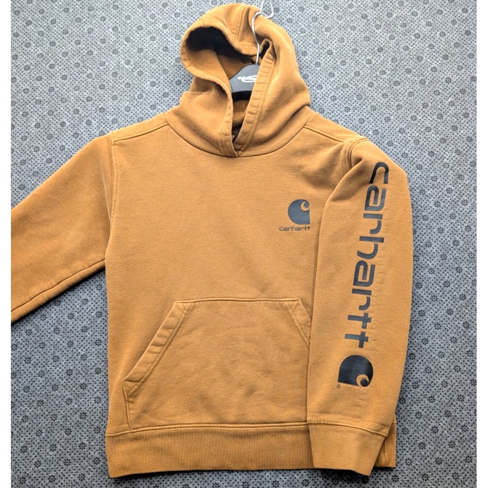 Carhartt Boys Girls Hoodie S 8/10 Carhartt Brown Logo Sleeve Sweatshirt Workwear